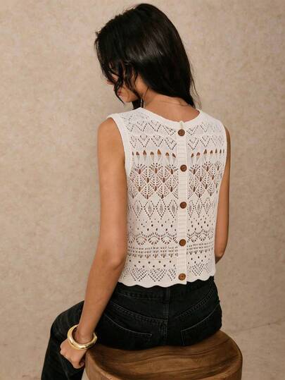 Poéselle 新款镂空针织无袖法式复古柔软休闲森系镂空棉质钩编夏季叠穿背心，露背波浪领