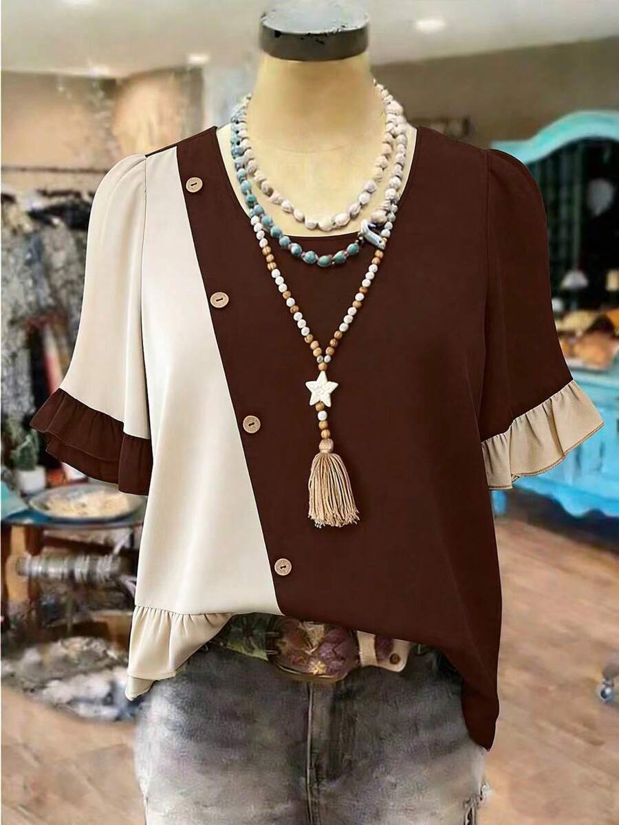 Linhara Plus Size Women's Minimalist Dual-Color Button Detail Ruffle Hem Blouse, Ladies' Summer Top - Brown - View 1