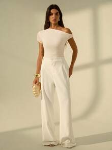 SHEIN Tall 女士纯色不对称领口褶皱修身连体衣 - 杏色 - 查看 4