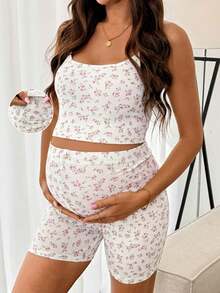 SHEIN Maternity Floral Print Camisole And Shorts 2 Pieces Set - Pink - View 1