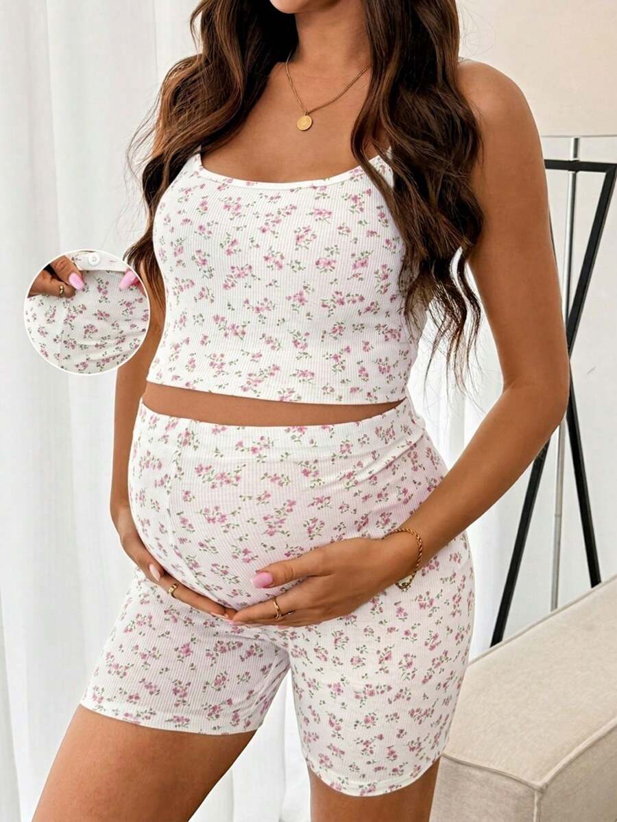 SHEIN Maternity Floral Print Camisole And Shorts 2 Pieces Set - Pink - View 1