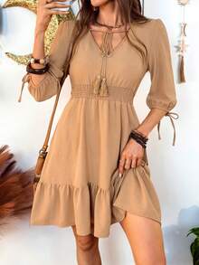 Hansera Đầm nữ dáng lửng, xếp ly, thắt eo, thanh lịch với viền bèo nhún. - màu nâu - Xem 1