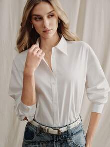 Anewsta 女士白色刺绣羽毛印花宽松休闲衬衫 - 白色 - 查看 4