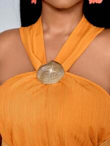 SOLERSUN Plus Size Women's Spring And Summer Fashion Elegant Sexy Leisure Vacation Long Shirt Sleeveless Strap Hanging Neck Twisted Shirt/Blouse, A Front Short Rear Long Cross Overlapping Back Split Solid Color Orange Texture Woven Fabric Wavy Shell Metal Decoration Suitable For Daily Dressing Shopping Date Shopping Beach Dressing Tropical Vacation Music Festival, Quiet Luxury Vacation - Orange - View 5