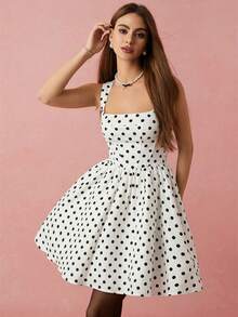 Women's Polka Dot Pattern Square Neck Sleeveless Elegant Dress - White - View 3