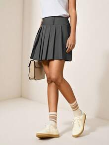 Briarwyn 女士纯色百褶A字裙，休闲百搭女式短裙，百褶裙，女式校服裙，女士办公室工作服 - 深灰色 - 查看 4