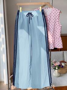 Comfortcana 女士蓝色侧条纹松紧腰宽松休闲运动裤，夏季服装，圣诞节，Y2K，新年休闲户外运动裤 - 藍色 - 查看 5