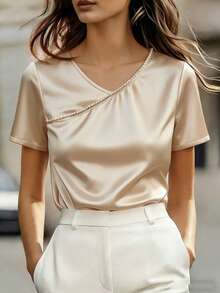Franclia Damen elegante Satin Champagner Gold Kurzarm Bluse, locker geschnittenes asymmetrisches Perlen Dekor schickes Lässig Top - Champagnerfarben - Übersicht 7