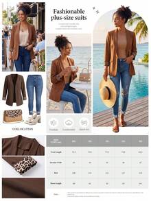 EMERY ROSE Plus Size Women Casual Long Sleeve Blazer Jacket With Leopard Print Patchwork - Brown - View 2