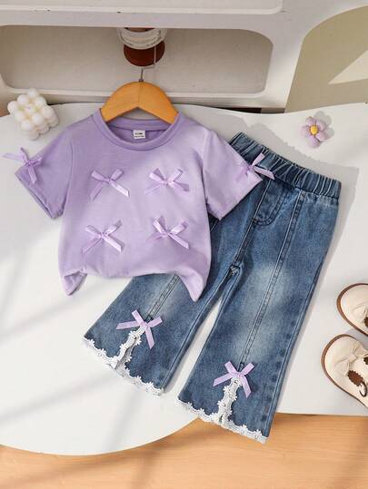 Genkimix Kids 2pcs/Set Girls Casual Fashion Round Neck Short Sleeve Solid Color Bow Top & Elastic Waist Flared Jeans Set, Spring/Summer,Round Neck Short Sleeve T-Shirt With Denim Shorts Set, Fresh Collegiate Style For Outdoor, Home, Sports, Party, Fashion