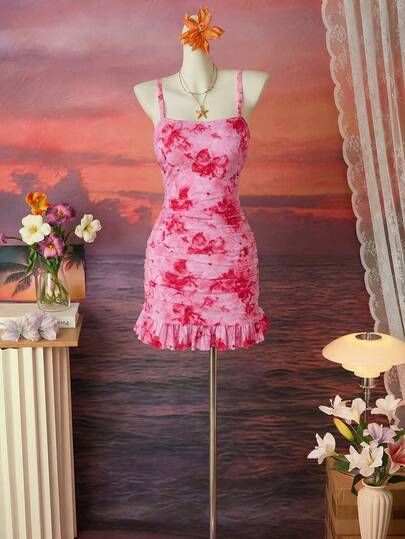 Swim Mod 大码女式印花褶皱休闲沙滩度假吊带连衣裙泳装