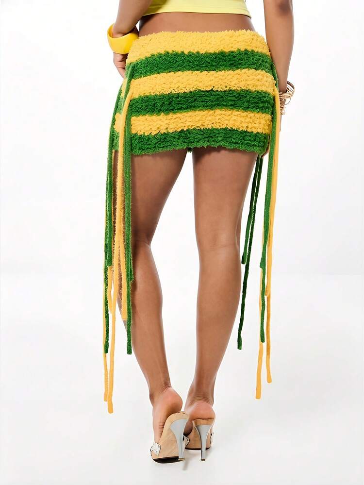 SUMWON Striped Crochet Tassel Mini Skirt With Fringe Details Asymmetric Hem Festival Beach Summer Party Vacation Boho Chic Style
