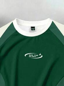 Manfinity Joysei Camiseta de manga corta de cuello redondo con estampado de letras, de uso casual y versátil para uso diario - Verde Oscuro - Ver 4