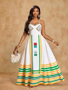 Brilight 女士时尚度假连衣裙，宽松A字廓形，条纹印花，波西米亚风格。适合婚礼季、节日、毕业季、情人节、派对等各种场合。春夏连衣裙。 - 黃色 - 查看 7