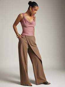Hauture Blusa básica casual de oficina para mujer con hombros fruncidos y decoración dorada en cuello de cowl - Rosa vieja - Ver 4