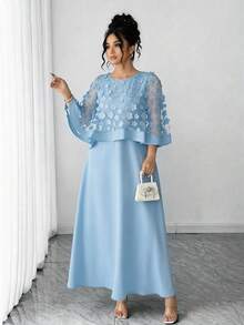 Elenzga 大码女式圆领贴花时尚连衣裙，适合秋季婚礼、生日派对及其他活动 - 藍色 - 查看 4
