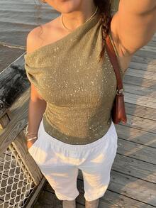 Firerie 女士优雅浪漫约会度假休闲通勤百搭卡其色亮片提花不对称领连体衣，夏季套装 - 卡其色 - 查看 1