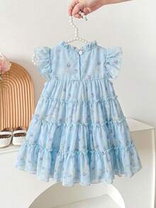 SHEIN 女婴时尚休闲碎花蝴蝶结装饰蛋糕裙，适合春、夏、秋季、居家、度假、节日、派对、日常穿着 - 藍色 - 查看 2