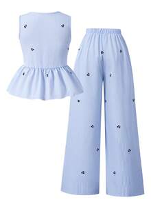 Sparklyn Bộ đồ cho bé gái tuổi teen: Áo peplum không tay in họa tiết sọc anh đào, trang trí nơ, gồm áo và quần ống rộng, thích hợp cho mùa xuân/hè. - Màu xanh lam - Xem 3