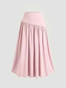 Sweetra Spring/Summer New Arrival Boat Neck Pleated Asymmetric Hem Top & Long Skirt Set, Fashionable Casual - Pink - View 3