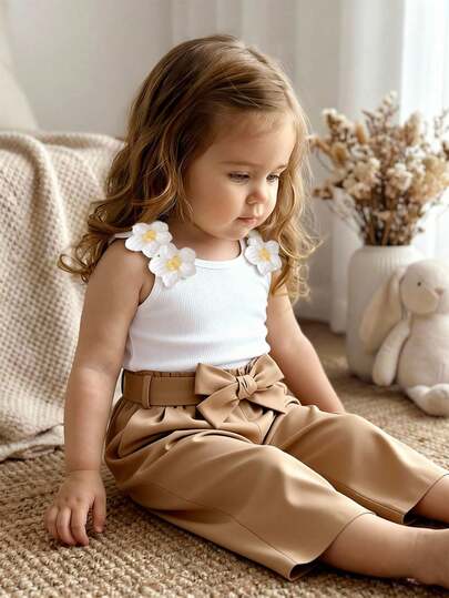 SHEIN Vintaside Kids 两件套婴儿/幼儿针织无袖背心，白色五瓣花图案，搭配同款碎花裤，时尚夏季套装
