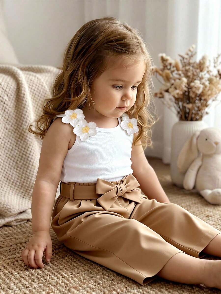 SHEIN Vintaside Kids Bộ 2 món áo vest không tay dệt kim cho bé sơ sinh/trẻ nhỏ với họa tiết hoa 5 cánh màu trắng và quần hoa cùng màu, trang phục mùa hè thời trang. - trắng - Xem 1