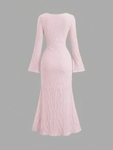 Sweetra Vestido de manga larga con cuello cuadrado de unicolor, nuevo vestido sexy con cordones de primavera/otoño - Rosa Pálido - Ver 2
