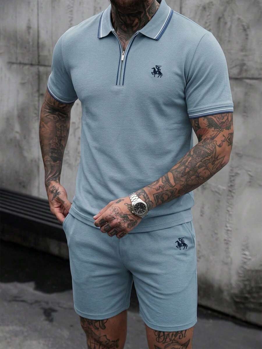 Manfinity Homme Men's Casual Polo Shirt Set,Summer Golf 2 Piece Set,Zip-Up Embroidered Short Sleeve&Shorts Outfit,Dusty Navy Blue Cozy Matching 2PC Summer Essential - Dusty Blue - View 1