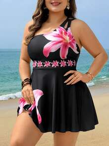 Swim Lushoire Plus Size Women's Two Pieces Swimwear, Summer Holiday Printed Tankini Swimwear - Black - View 1