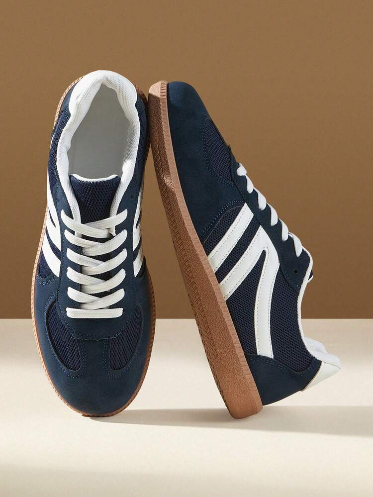 CUCCOO EASI Breathable Retro Moral Training Shoes For Women, Navy Blue And White Stripes, Non-Slip Raw Rubber Outsole, Light Soft Sole, Daily Shopping Commuter Shoes