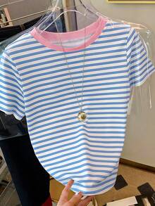Resyla Áo thun ngắn tay nữ cổ tròn kẻ sọc, kiểu dáng thường ngày, đa năng. - Nhiều màu - Xem 3