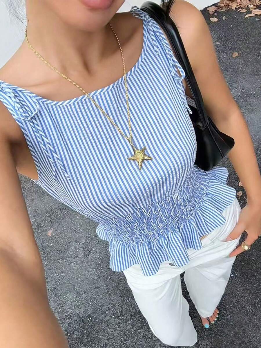 Franclia 女士优雅格子系带露肩修身衬衫,适合日常通勤,春夏穿着 - 藍色 - 查看 1