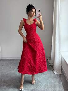 Elenzga Women's Bowknot Strap Textured Jacquard Cinched Waist Camisole Dress - Red - View 5