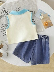 SHEIN Genkimix Kids 女童休閒可愛3D花朵翻領無袖上衣與牛仔裙褲套裝，夏季校園返校度假日常穿搭 - 藍色 - 查看 2
