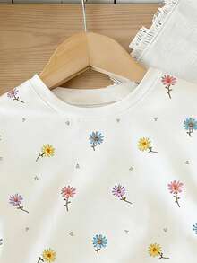 女婴休闲时尚花卉爱心印花短袖T恤和骑行短裤套装（2件套），舒适时尚的春夏装扮 - 彩色 - 查看 6