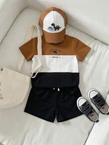 SHEIN Playful Pals 2件套婴幼儿男女通用0-3岁休闲撞色字母恐龙印花圆领短袖T恤和松紧腰短裤套装，适合儿童日常休闲穿着、男婴服装、夏季婴儿服装 - 棕色 - 查看 7