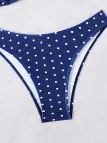 Swim Basics 女士黑白波点印花扭结系带比基尼套装，休闲度假款 - 藏蓝色 - 查看 5
