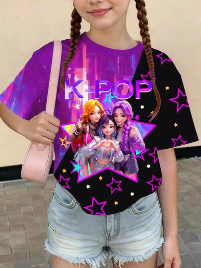 1 chiếc áo thun ngắn tay cổ tròn in hình hoạt hình nhóm nhạc nữ K-POP, kiểu dáng thoải mái, phù hợp cho mọi mùa (xuân, hè, thu, đông), món quà tuyệt vời cho các bé gái, áo mùa hè.