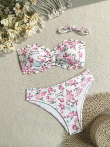 Swim Mod 女士泳装，花卉饰边，心形领口，甜美可爱，碎花图案，纹理面料 - 彩色 - 查看 2
