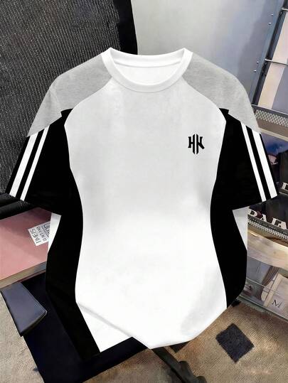 Manfinity Joysei Camiseta de manga corta de cuello redondo con bloques de color y rayas, casual de verano para hombres