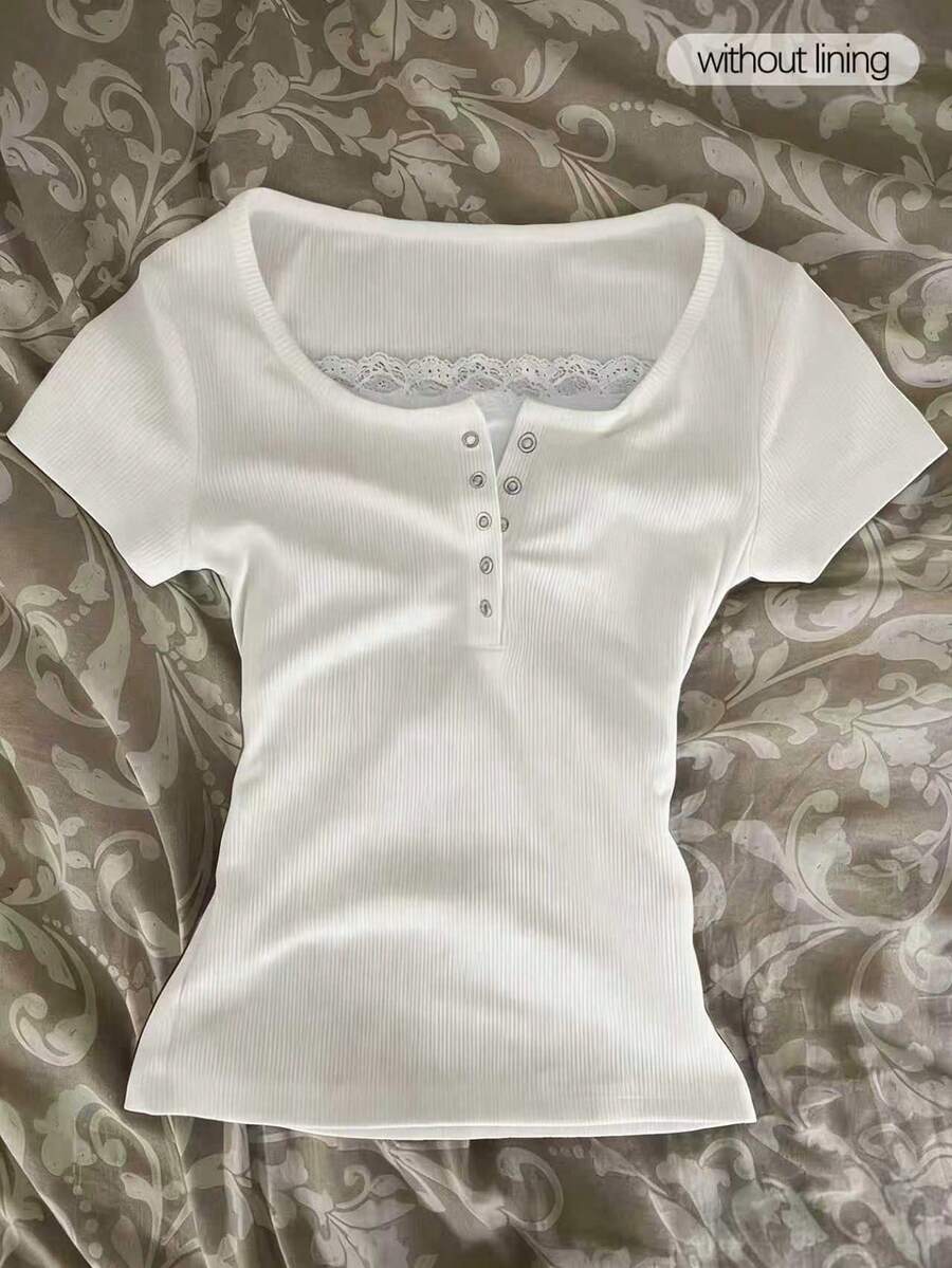 Glimmora Women's Casual Commuting Contrast Lace Half-Button Short Sleeve T-Shirt, Summer - White - View 1