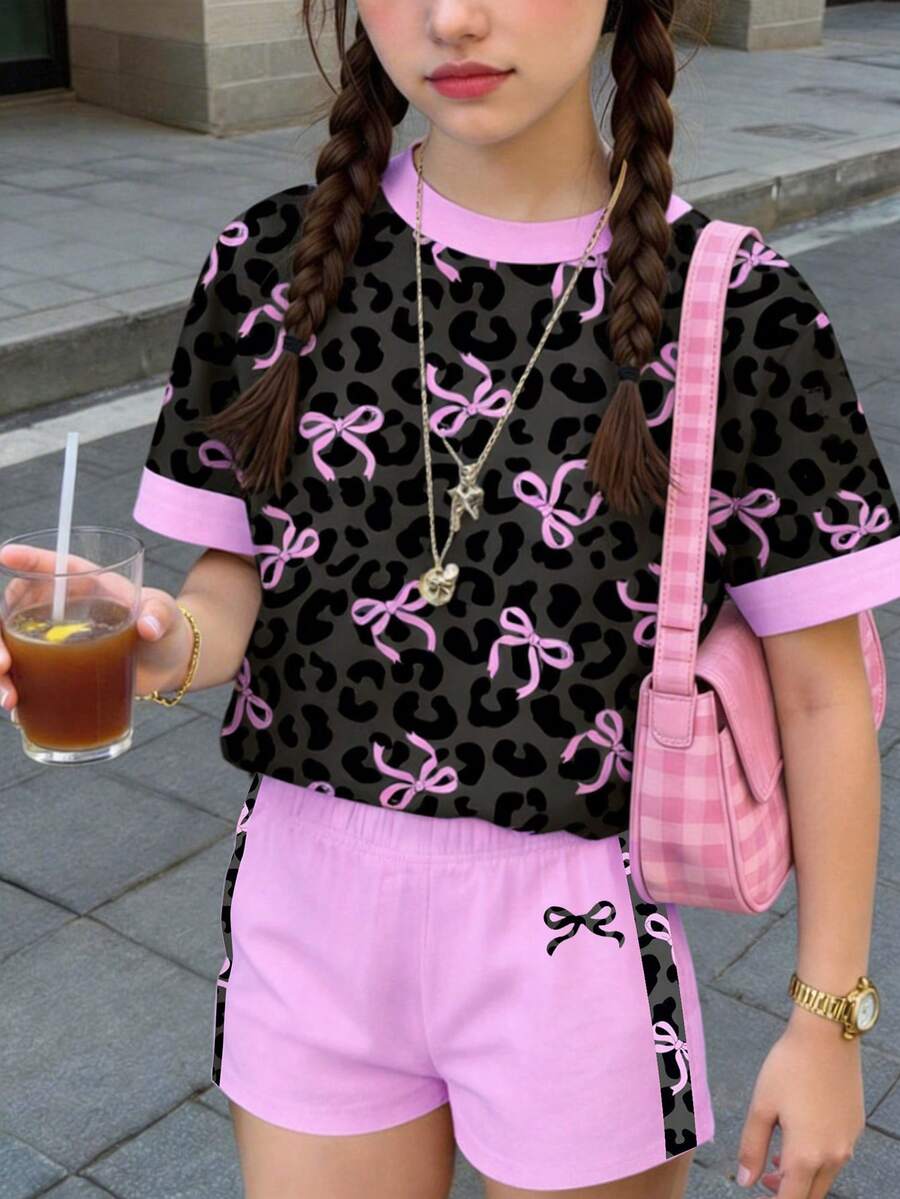 两件套少女休闲时尚甜美紫色蝴蝶结豹纹印花舒适圆领短袖T恤和宽松短裤套装,豹纹紫色蝴蝶结饰边,适合春夏日常穿着 - 彩色 - 查看 1