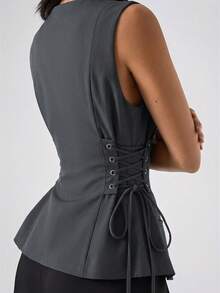 LYSMO 2026新款极简春夏女装纯色侧系腰修身吊带背心/度假/波西米亚风/性感/休闲外套/简约/休闲侧系腰修身吊带背心/夏季/夏季上衣/春季穿着/春假/生日/女士休闲外套/优雅/休闲/女士度假/Y2K/2000年代风格/灰色上衣 - 灰色 - 查看 2