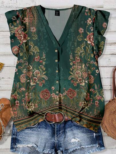 EMERY ROSE Camisa de talla grande con estampado floral vintage y volantes en el bajo, adecuada para el verano