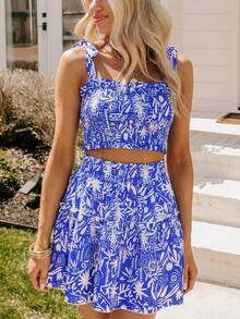 Coeurva 女士时尚休闲优雅浪漫度假印花两件套。宽松上衣搭配松紧腰半身裙，春夏蓝色度假连衣裙，适合娇小身材的女士度假晚宴连衣裙，蓝色连衣裙，短款蓝白碎花连衣裙，沙滩度假套装，女士两件套夏季套装，夏季半身裙套装，度假半身裙套装，蓝色两件套，女士无袖迷你连衣裙，Zanzea 女士连衣裙，女士两件套连衣裙，蓝白印花连衣裙 - 藍白色 - 查看 3