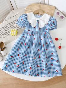 SHEIN Genkimix Kids 女童蝴蝶结领泡泡袖装饰可爱时尚夏季连衣裙 - 藍色 - 查看 6