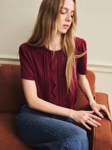 Écloséra 女士法式优雅圆领拼接蕾丝刺绣波浪时尚休闲日常通勤短袖衬衫 - 酒紅色 - 查看 6