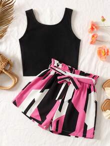 Bộ đồ 2 món cho bé gái tuổi teen: Áo tank top đen và quần short cạp chun họa tiết da báo. - Nhiều màu - Xem 3
