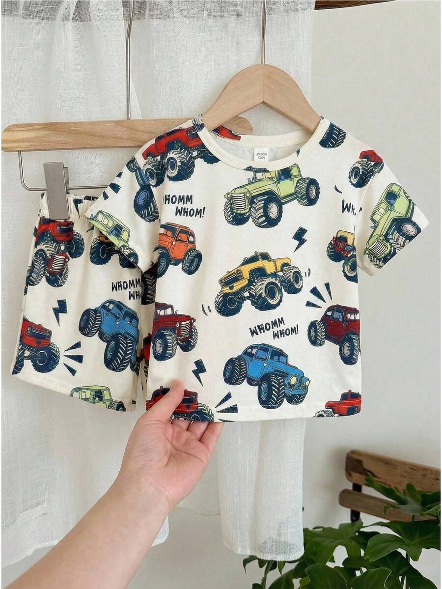 LMoss Kids Bộ 2 món đồ ngủ cho bé trai, họa tiết xe hơi, áo thun cổ tròn và quần short. - Nhiều màu - Xem 1