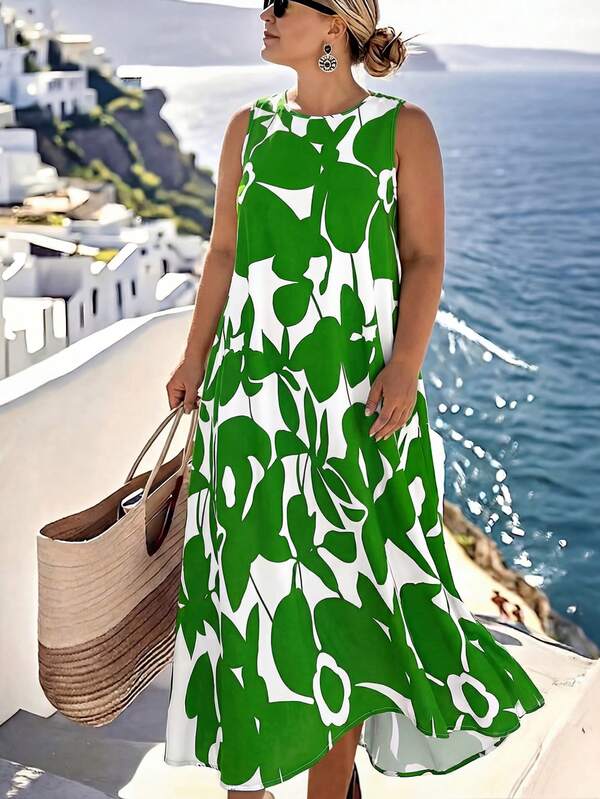 SHEIN CURVE+ Plus Size Women Casual Long Loose Sleeveless Dress, Spring/Summer